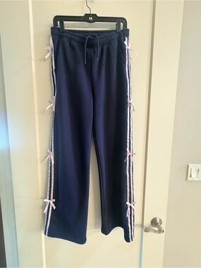 Navy Jogger Pants with Pink Ribbon Trim size Medium